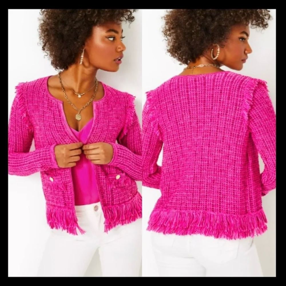 NWT Lilly Pulitzer Simora Cardigan Pink Palms Exotic Tweed